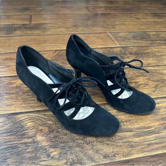 Franco Sarto Black Suede Lace-Up Heels/booties - Picture 1 of 8